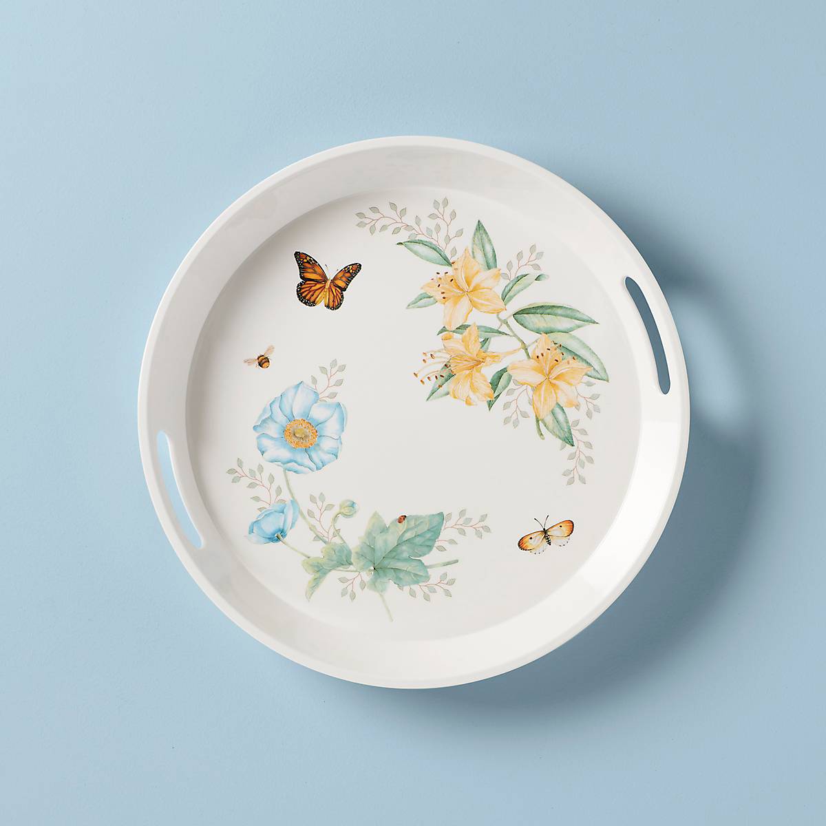 Melamine Round Tray with Butterfly Meadow Design | Shatterproof & Dishwasher-Safe