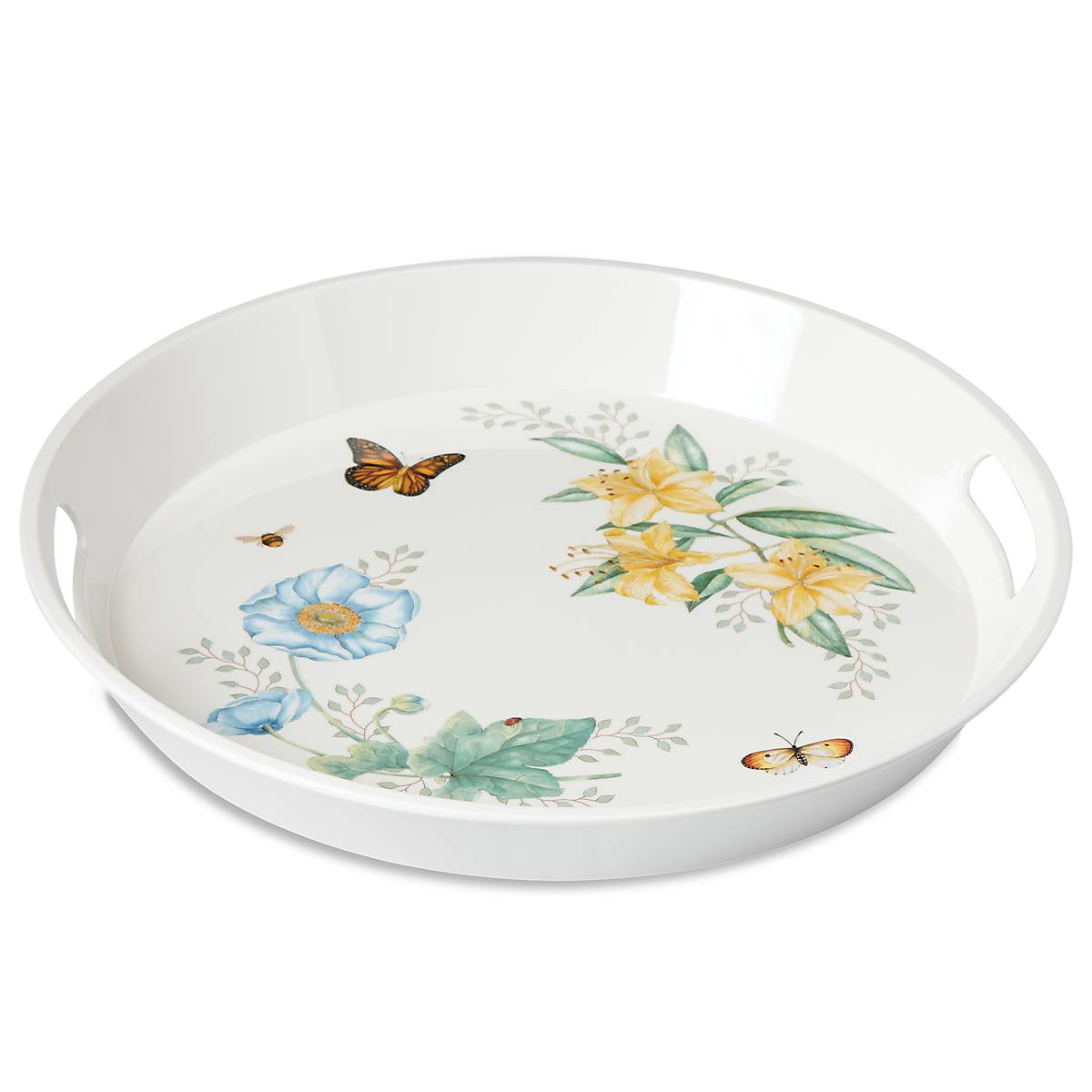 Melamine Round Tray with Butterfly Meadow Design | Shatterproof & Dishwasher-Safe