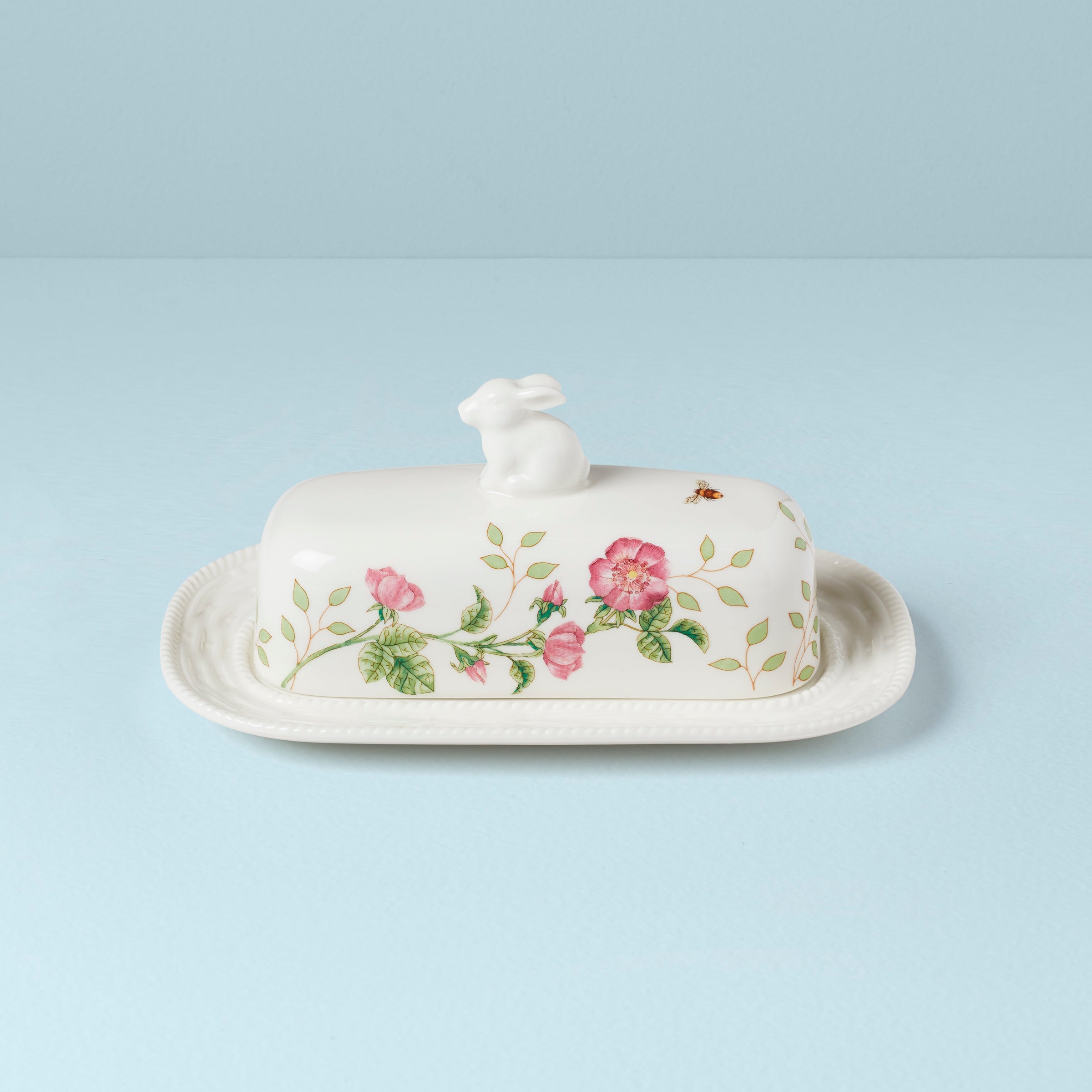 Porcelain Bunny Butter Dish with Floral Pattern | Butterfly Meadow