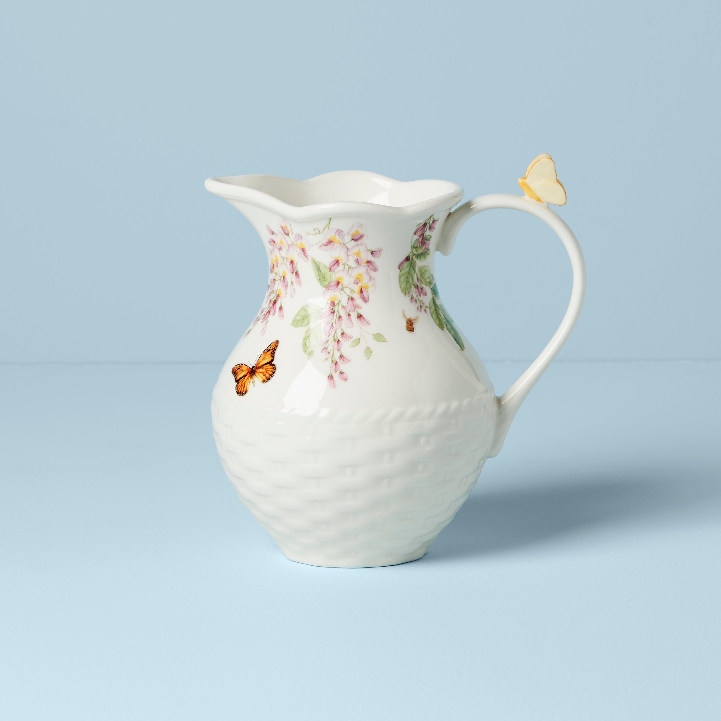 Butterfly Meadow Porcelain Pitcher with Scalloped Edge | Floral Design