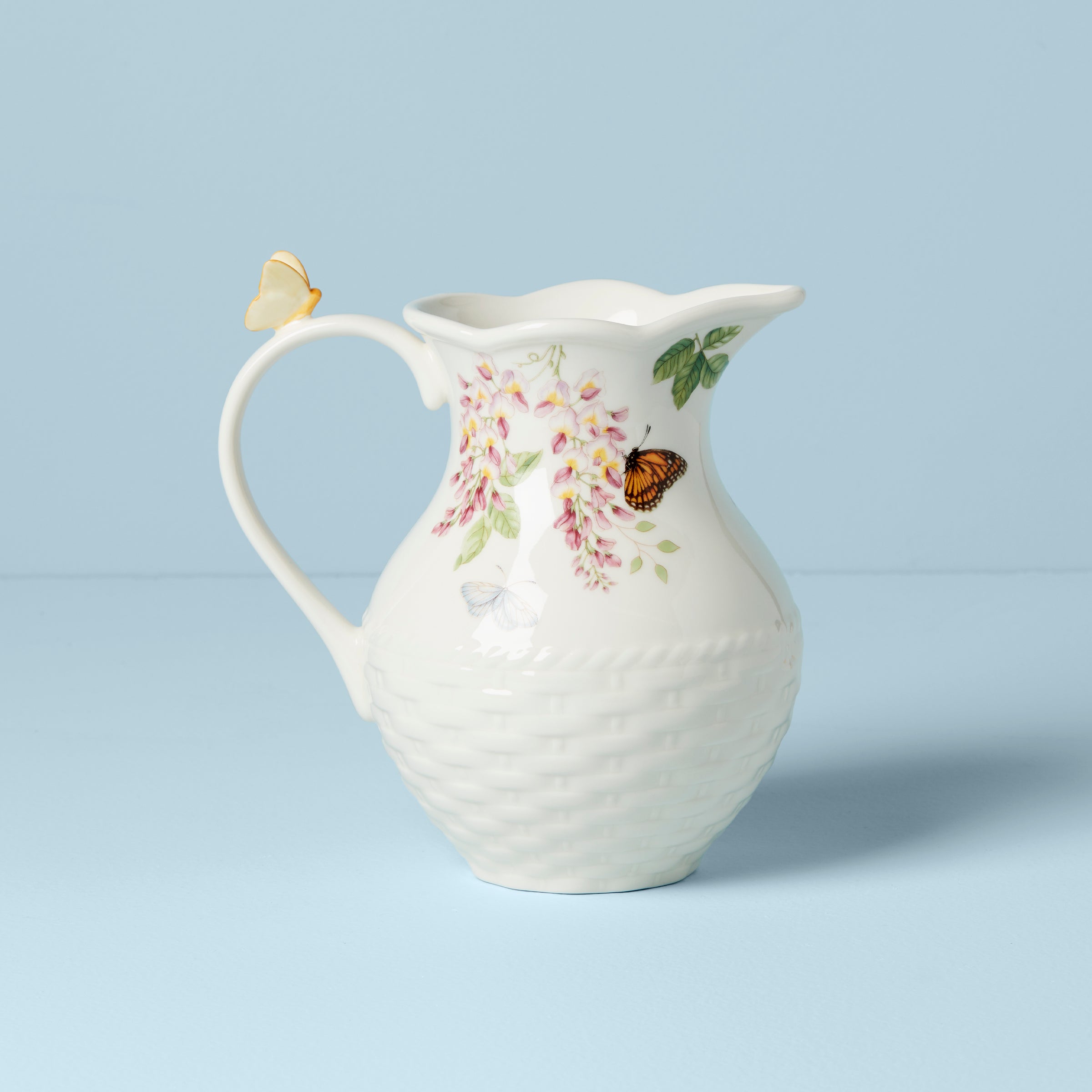 Butterfly Meadow Porcelain Pitcher with Scalloped Edge | Floral Design