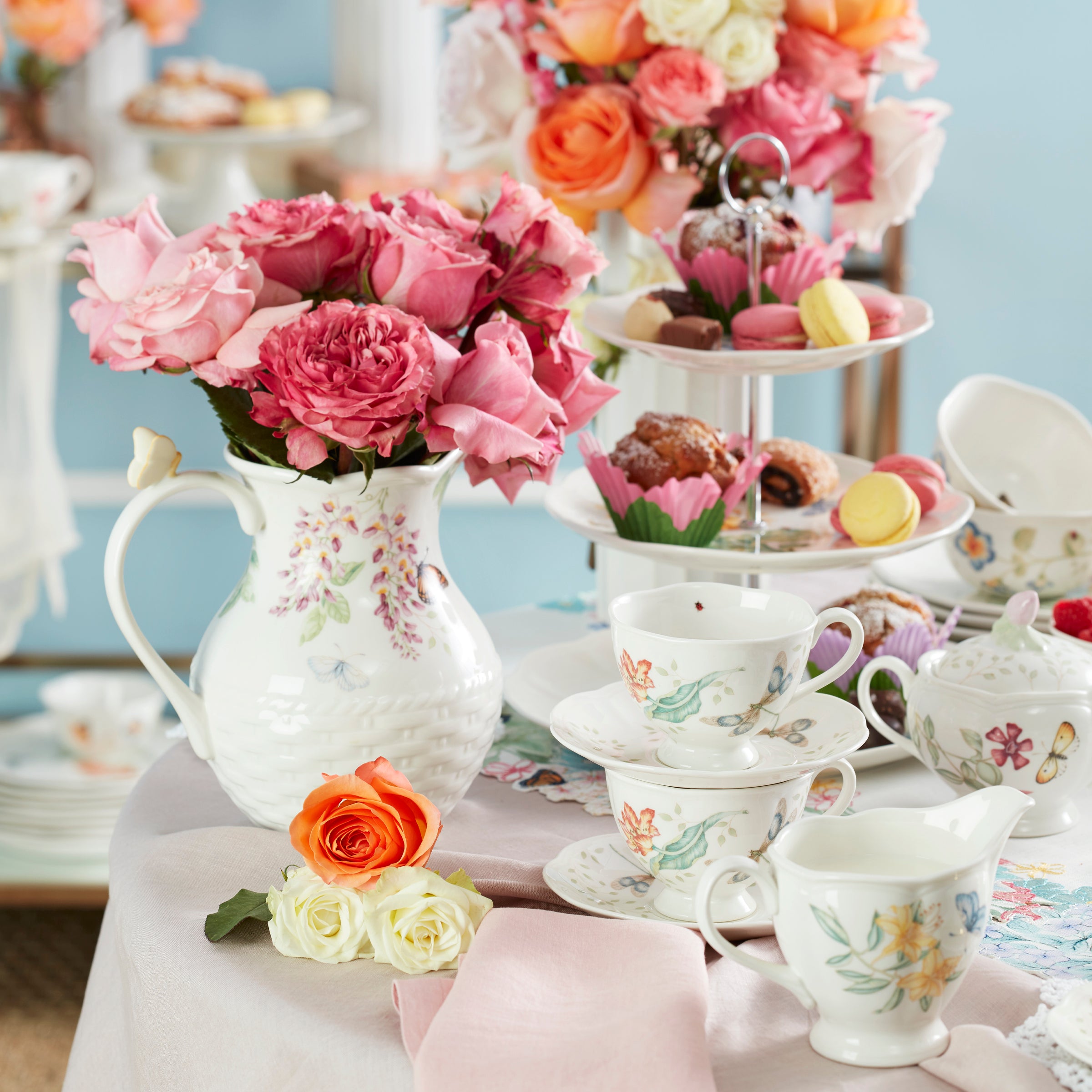 Butterfly Meadow Porcelain Pitcher with Scalloped Edge | Floral Design