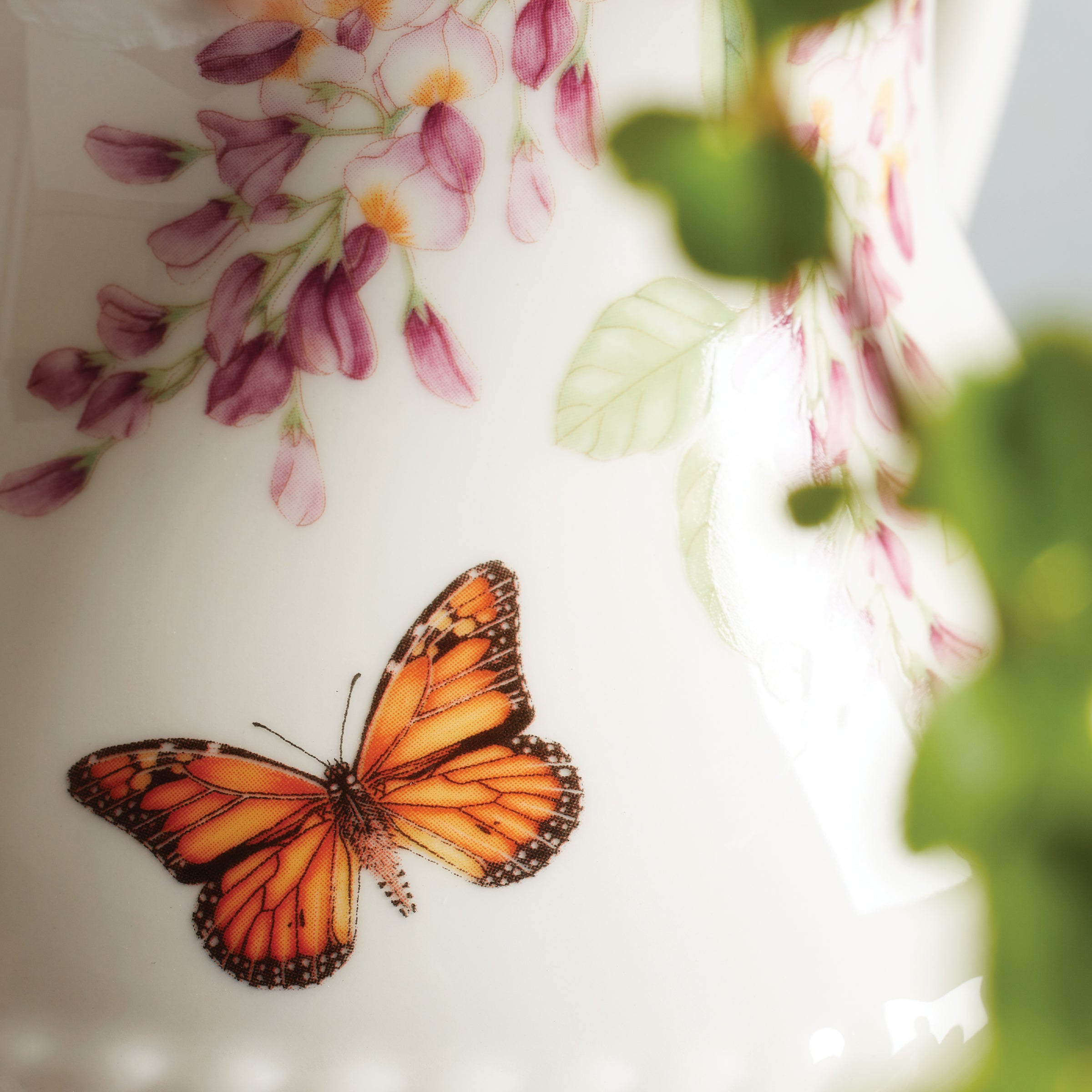 Butterfly Meadow Porcelain Pitcher with Scalloped Edge | Floral Design