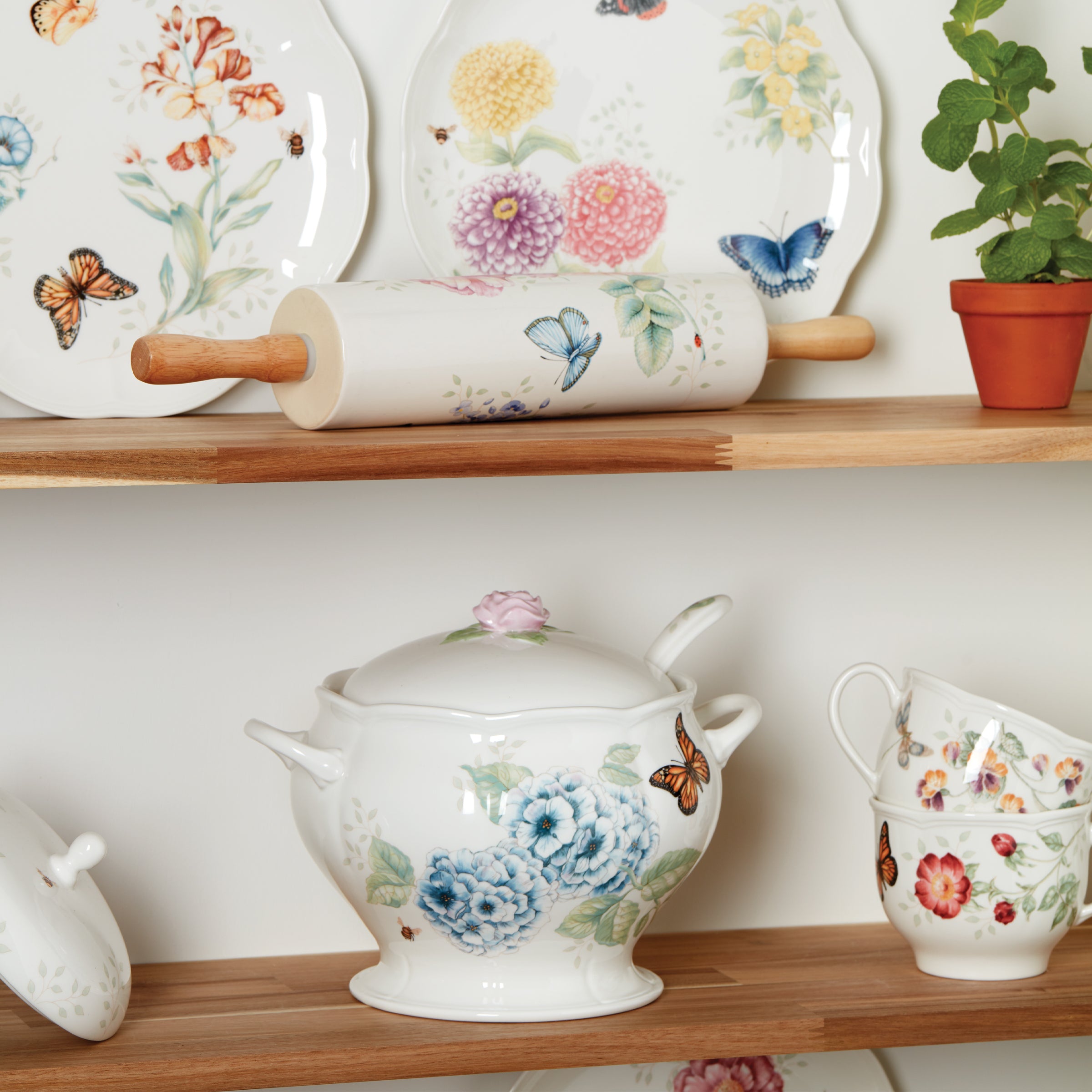 Porcelain Tureen & Ladle Set with Butterfly Meadow Design | 2-Piece Serving
