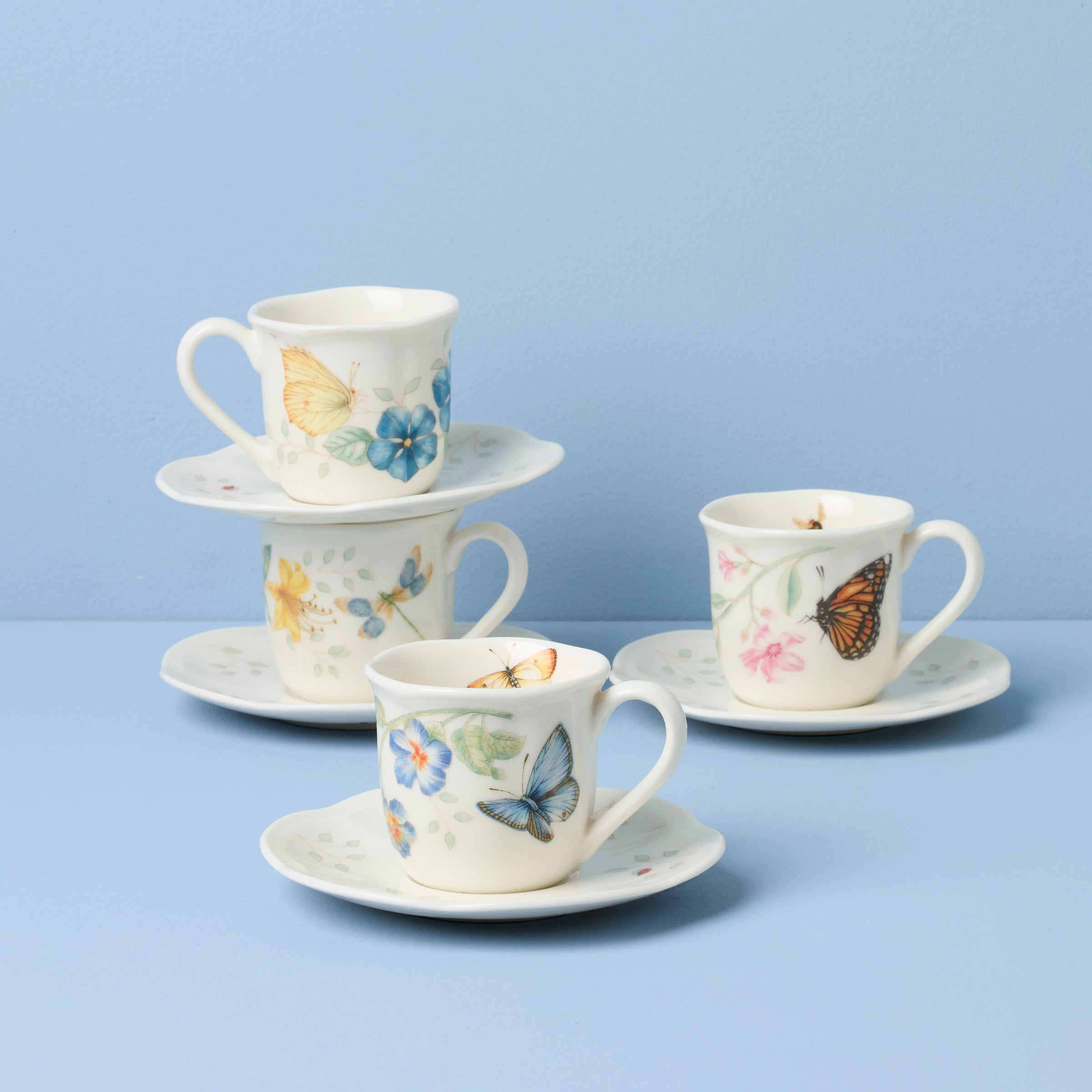 Butterfly Meadow Espresso Cup & Saucer Set - Floral Design | Set of 4