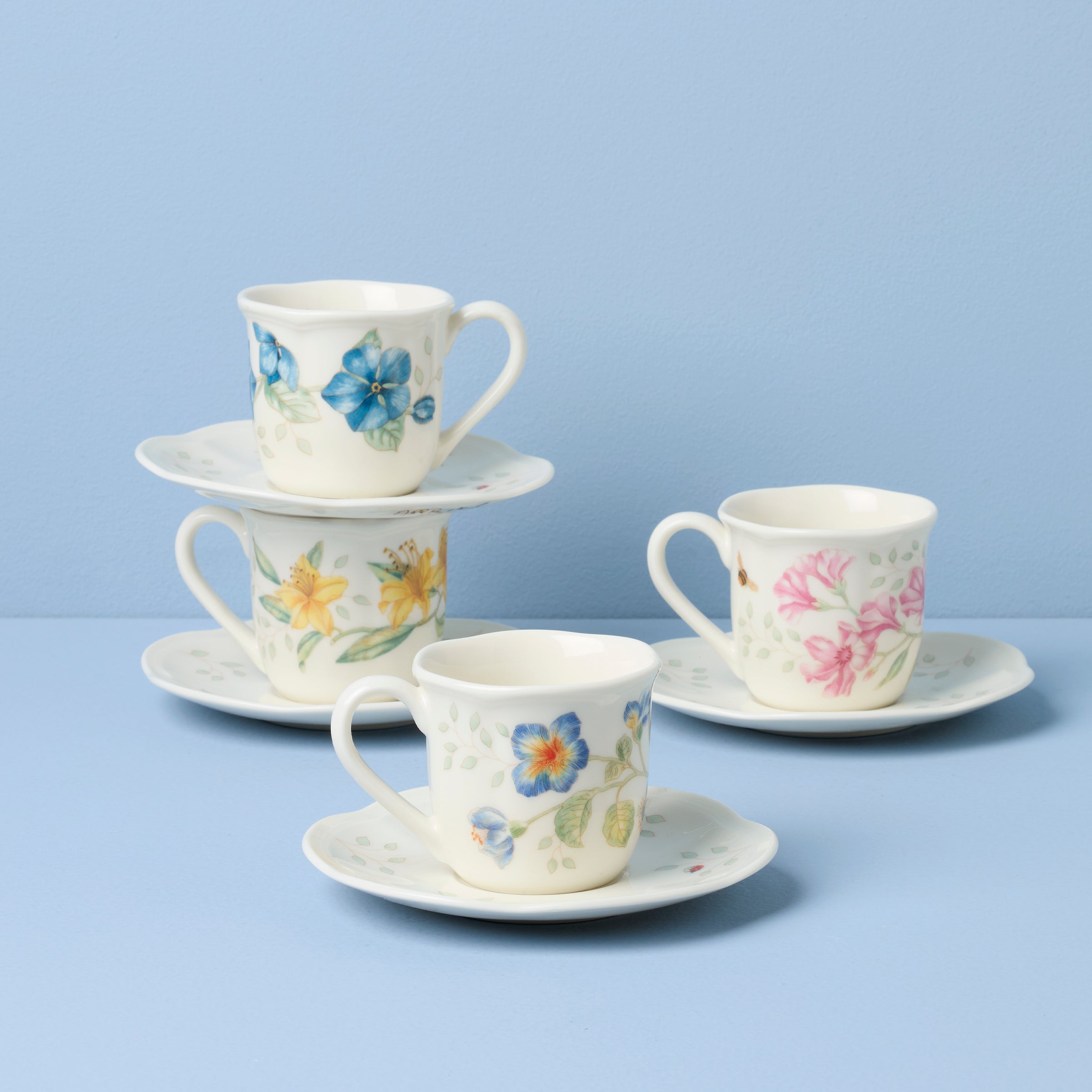 Butterfly Meadow Espresso Cup & Saucer Set - Floral Design | Set of 4