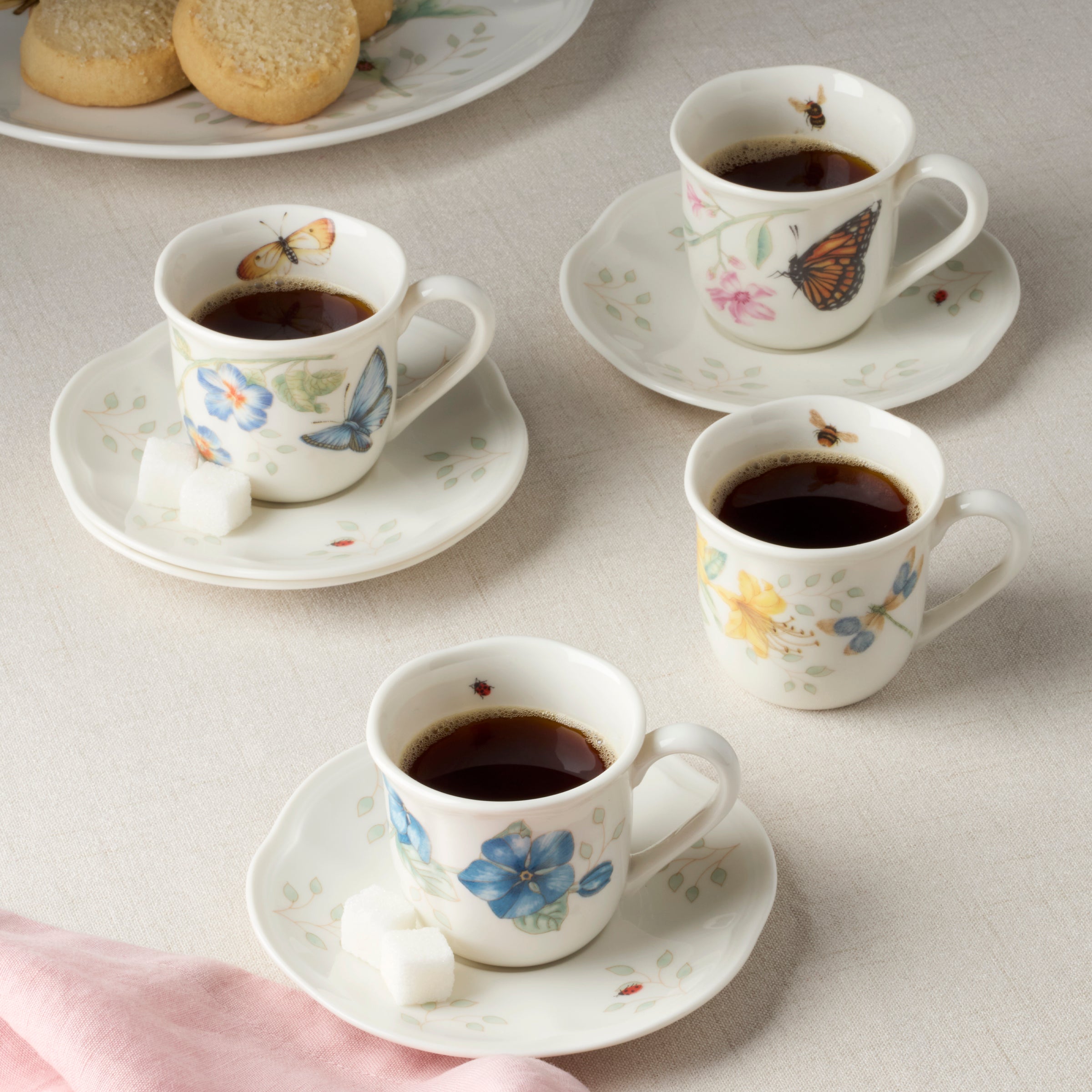 Butterfly Meadow Espresso Cup & Saucer Set - Floral Design | Set of 4