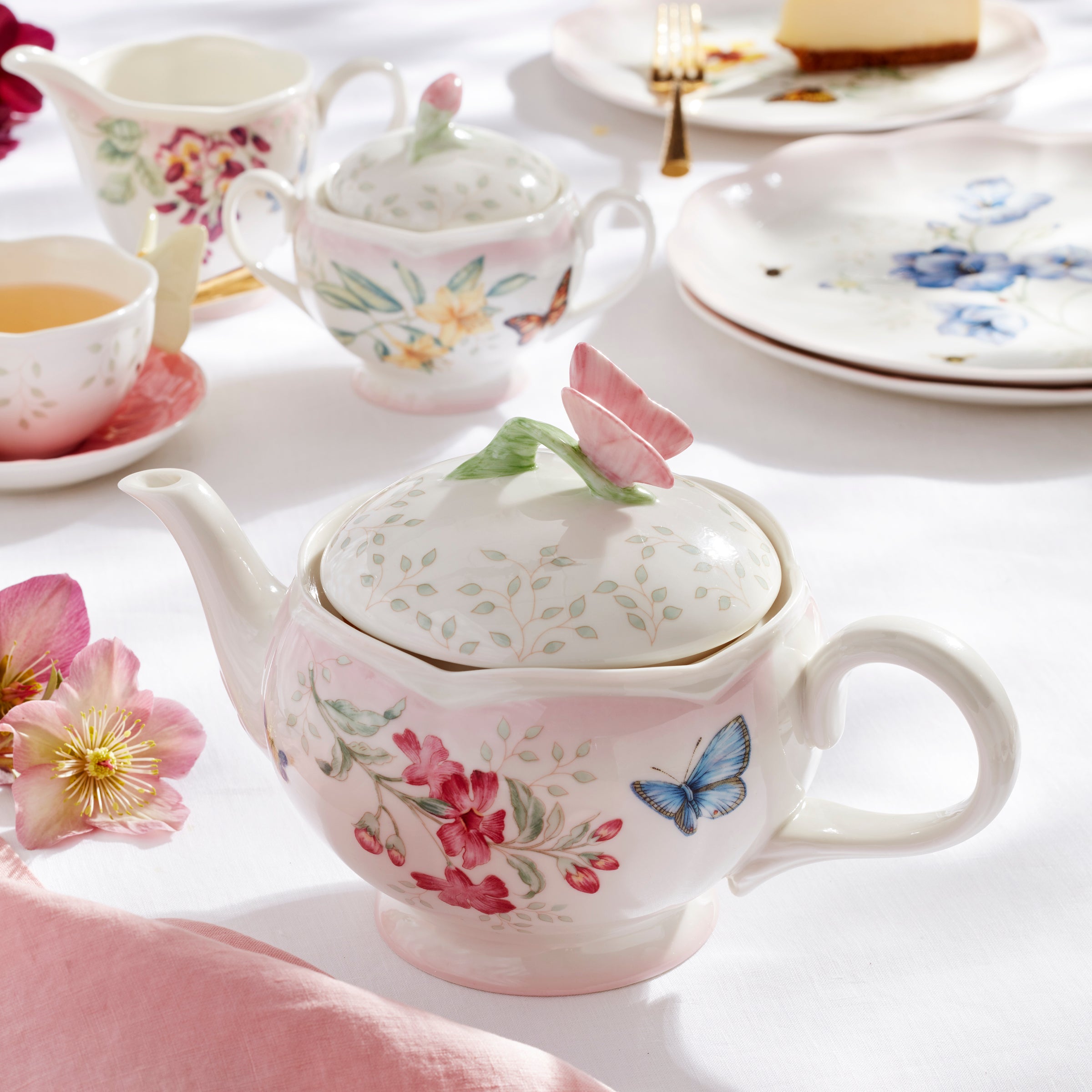 Pink Ombre Tea Set 5-Piece with Butterfly Meadow Design | Dishwasher Safe