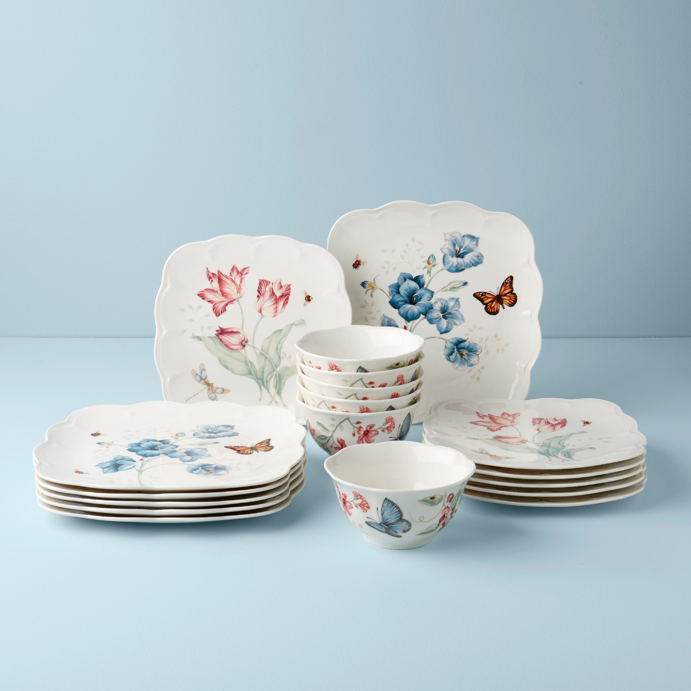 Square Dinnerware Set with Butterfly & Floral Design | 18-Piece