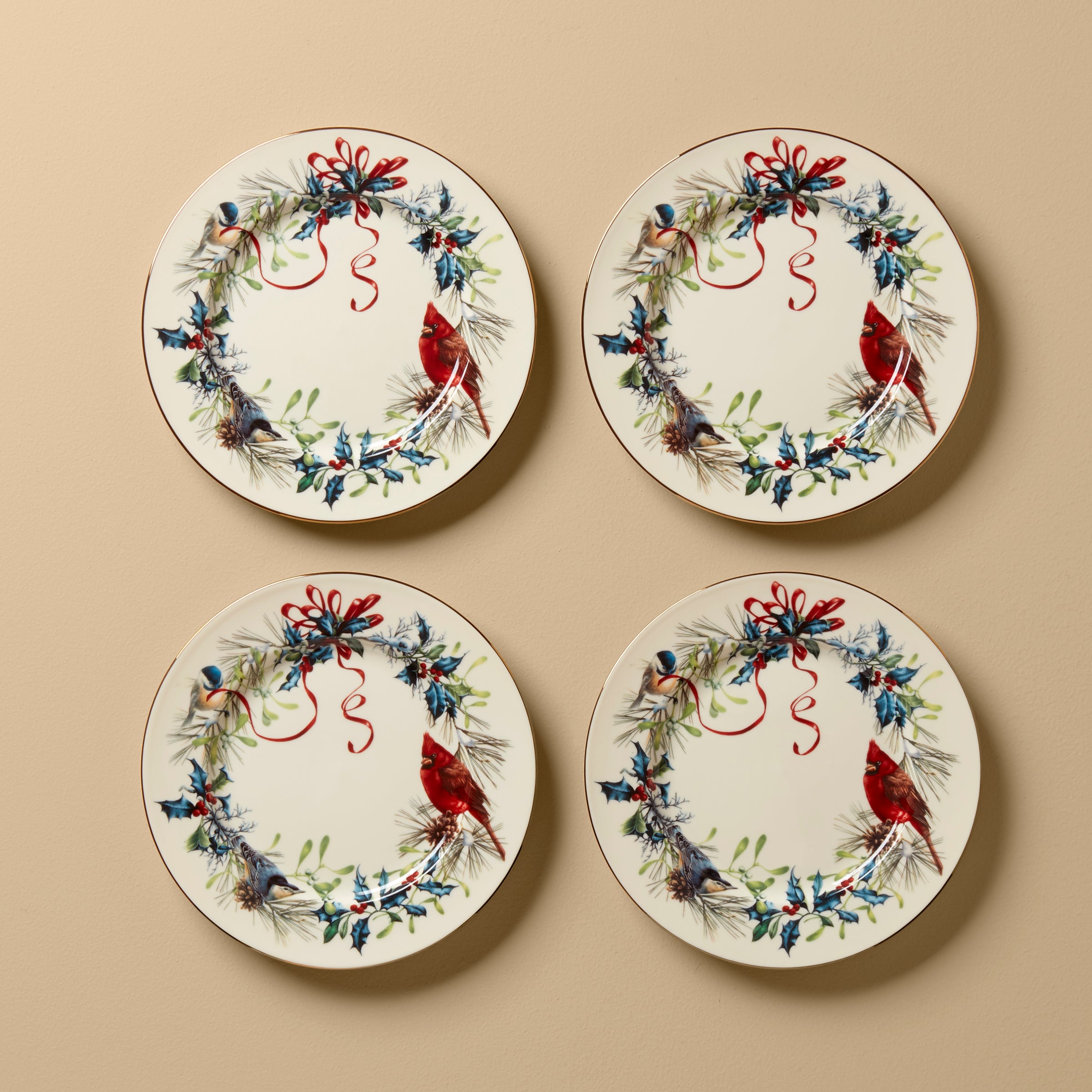 Winter Holiday Salad Plates Set of 4 with Gold Accents | Porcelain