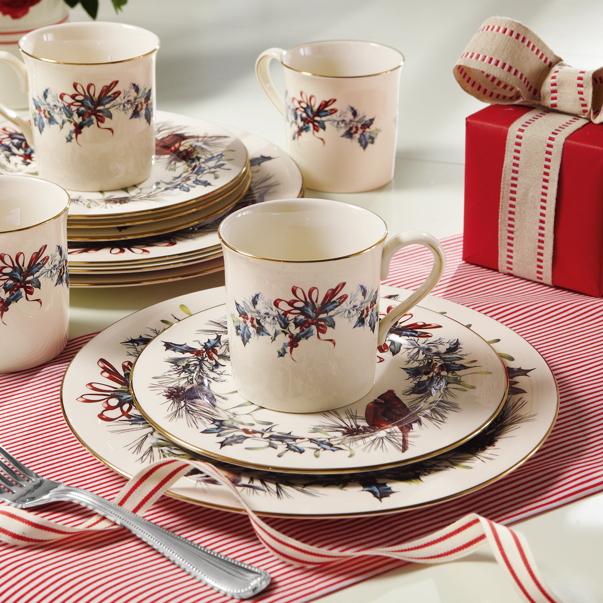 Winter Holiday Salad Plates Set of 4 with Gold Accents | Porcelain
