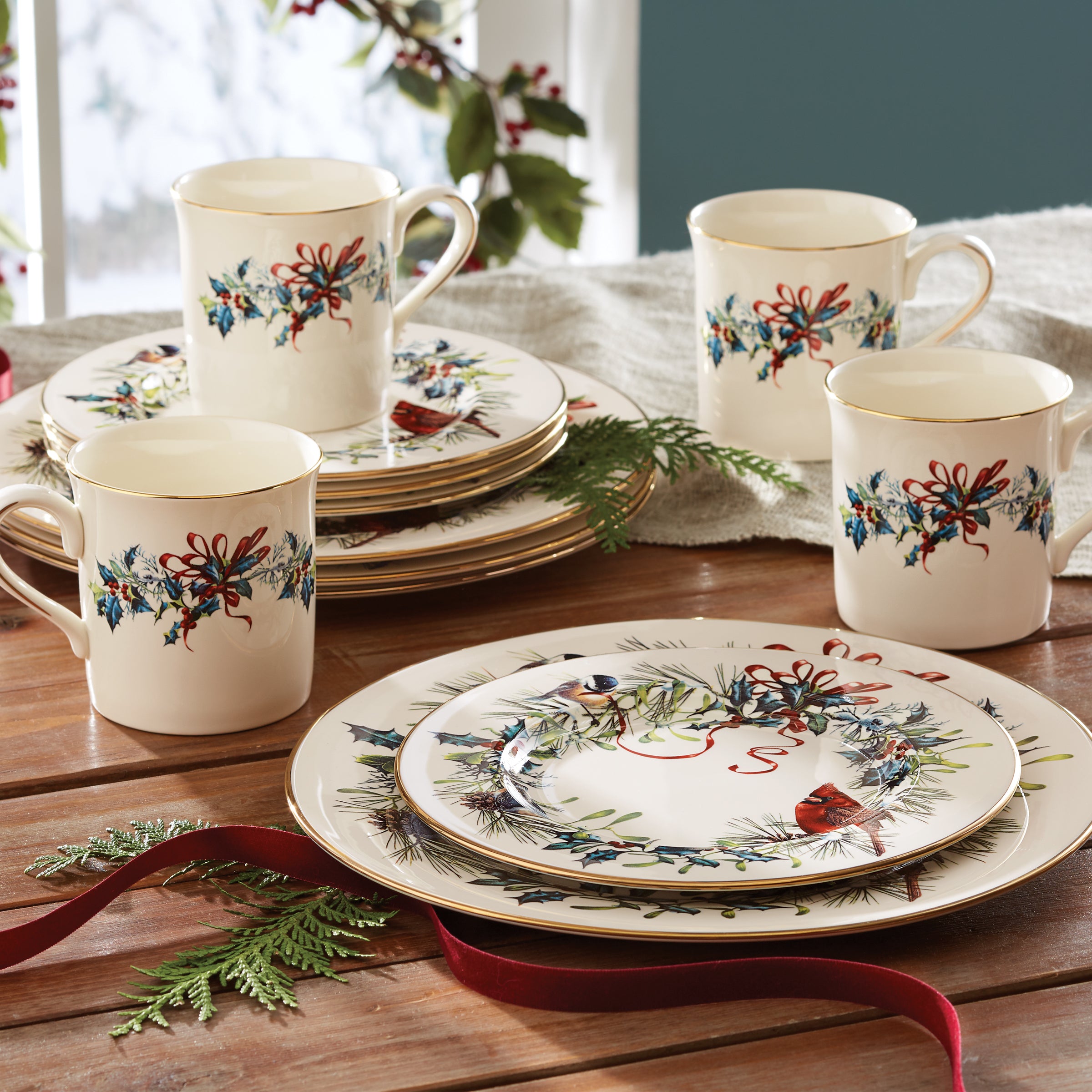 Winter Holiday Salad Plates Set of 4 with Gold Accents | Porcelain