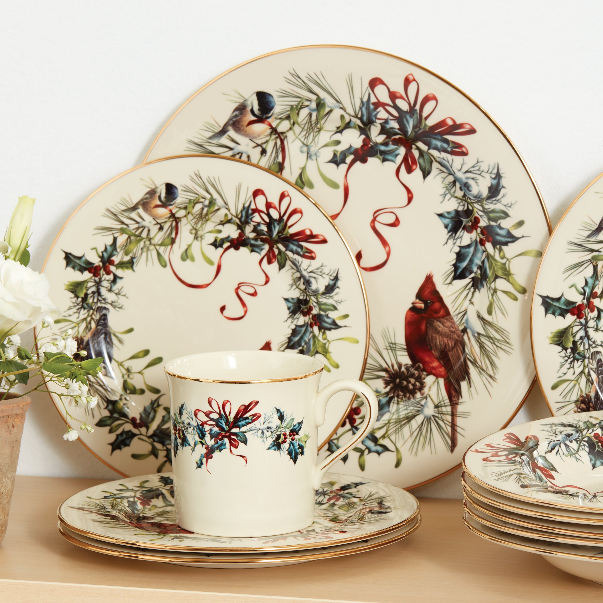 Winter Holiday Salad Plates Set of 4 with Gold Accents | Porcelain