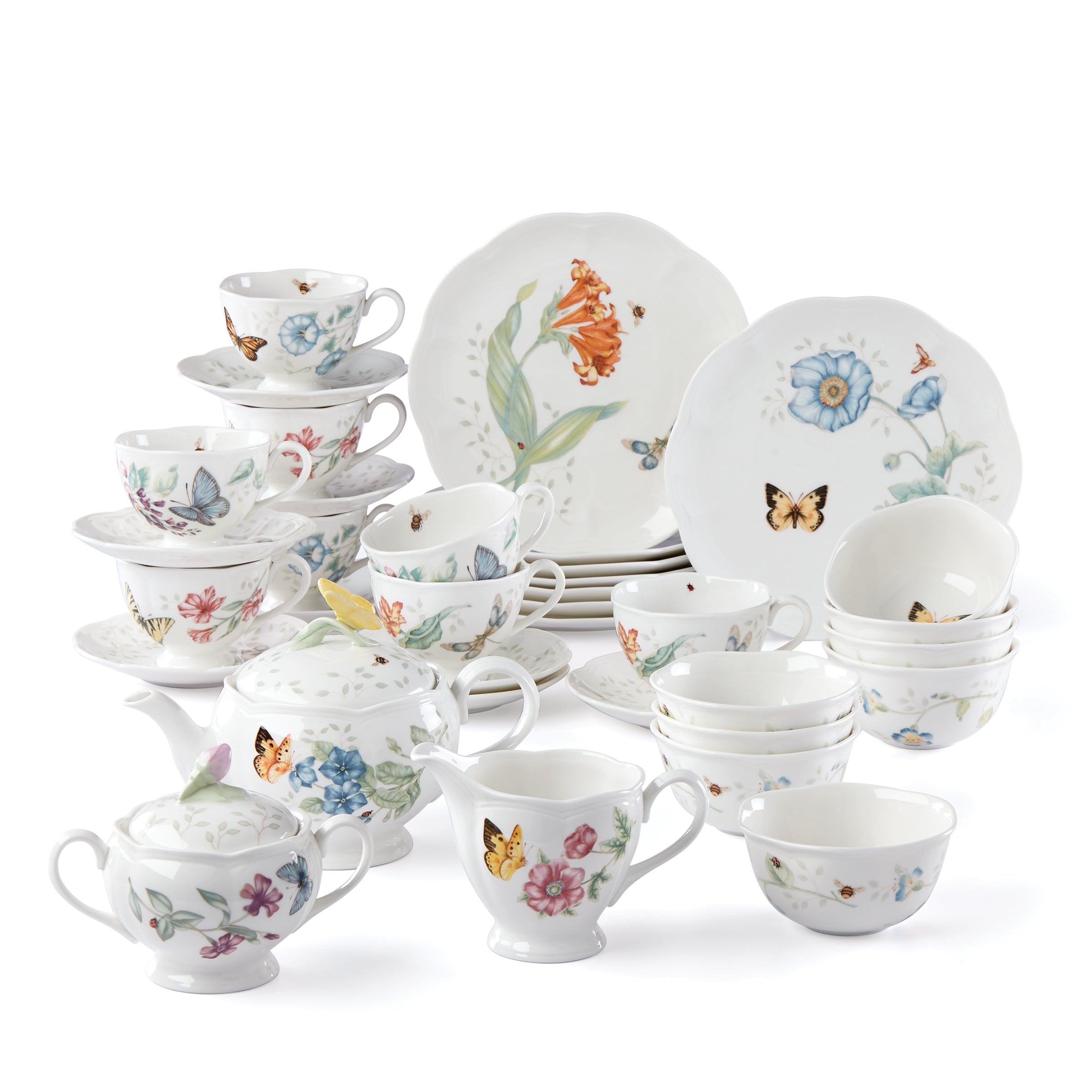 Butterfly Meadow 37-Piece Porcelain Tea Set | Dishwasher & Microwave Safe