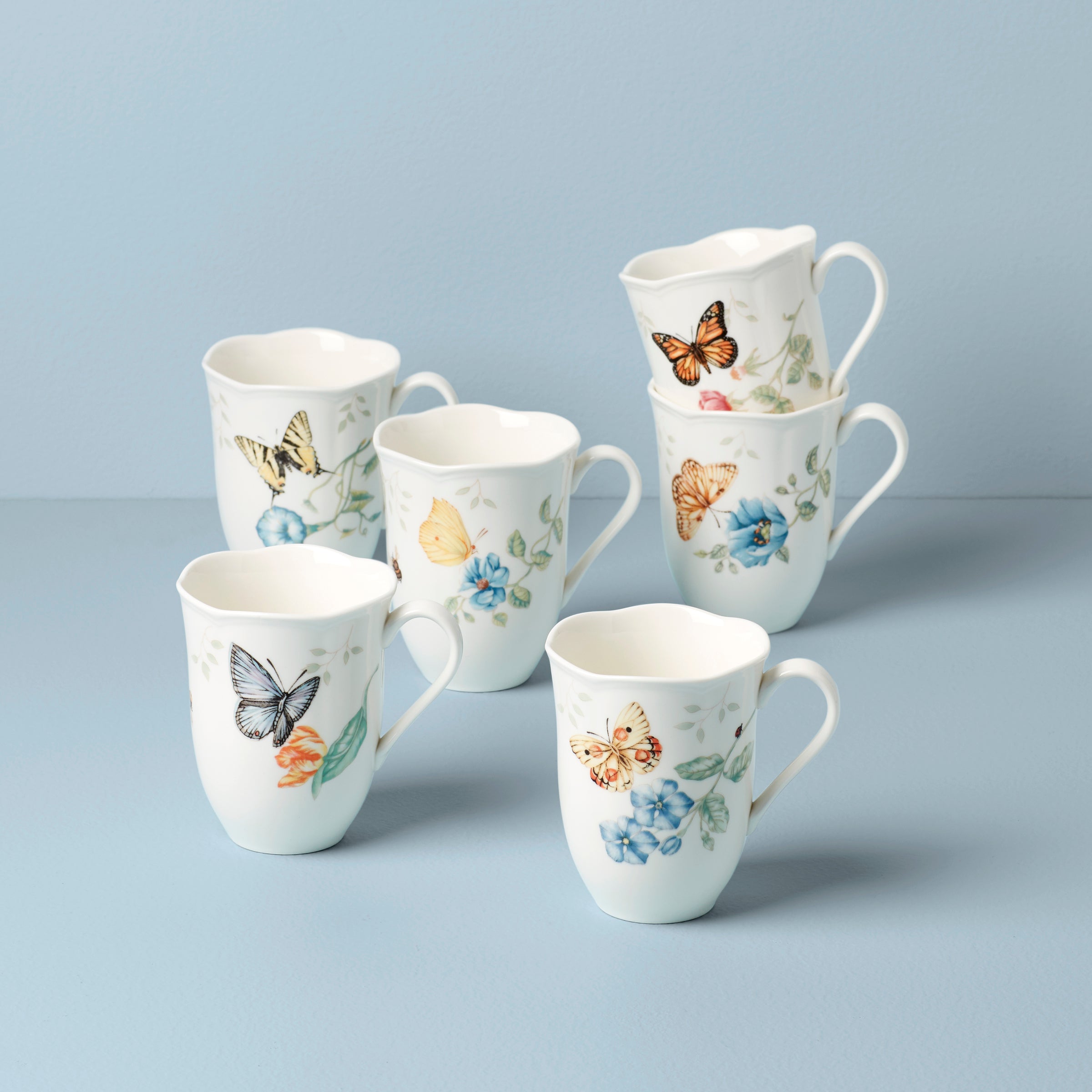 Butterfly Meadow Porcelain Mug Set - 6-Piece with Floral Design