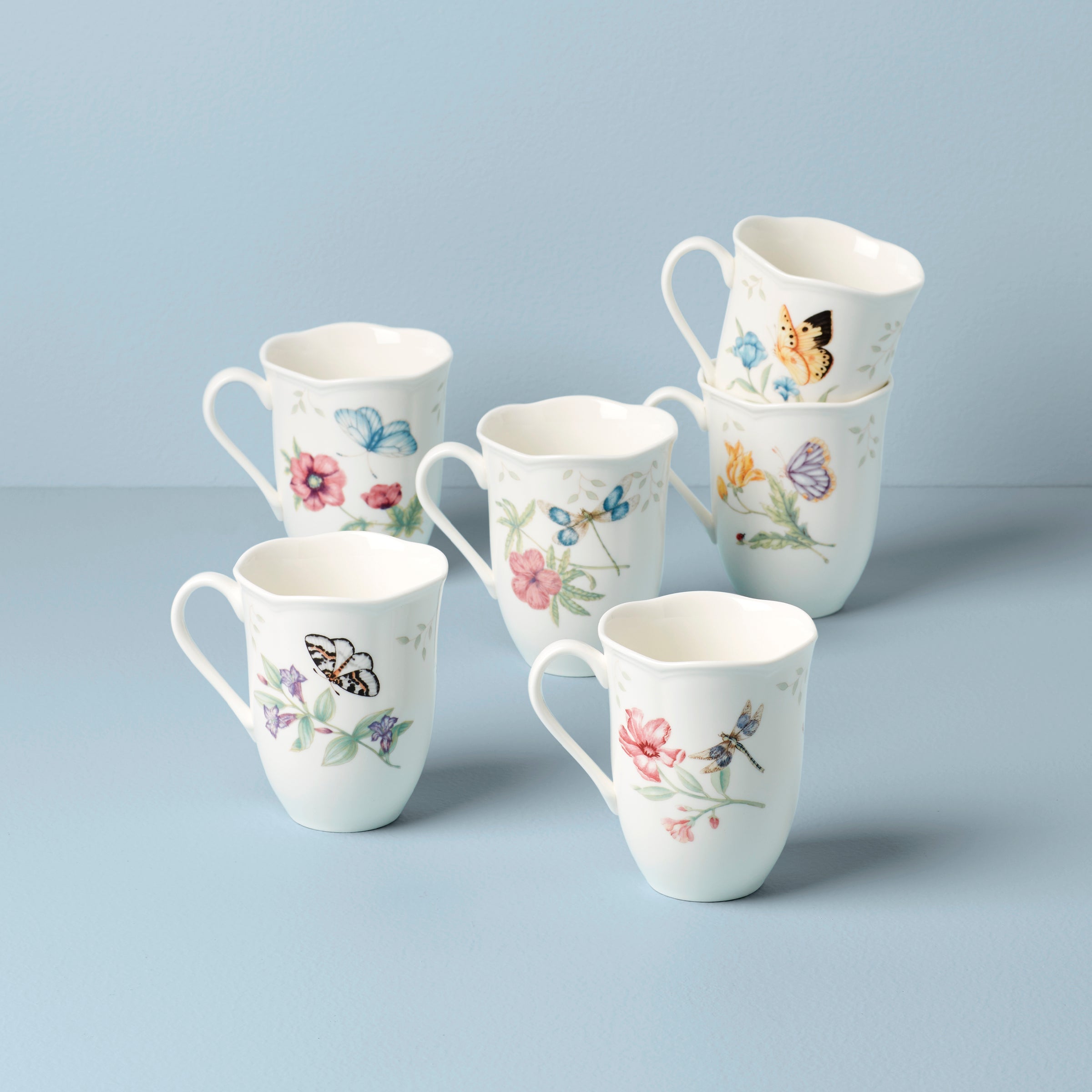 Butterfly Meadow Porcelain Mug Set - 6-Piece with Floral Design