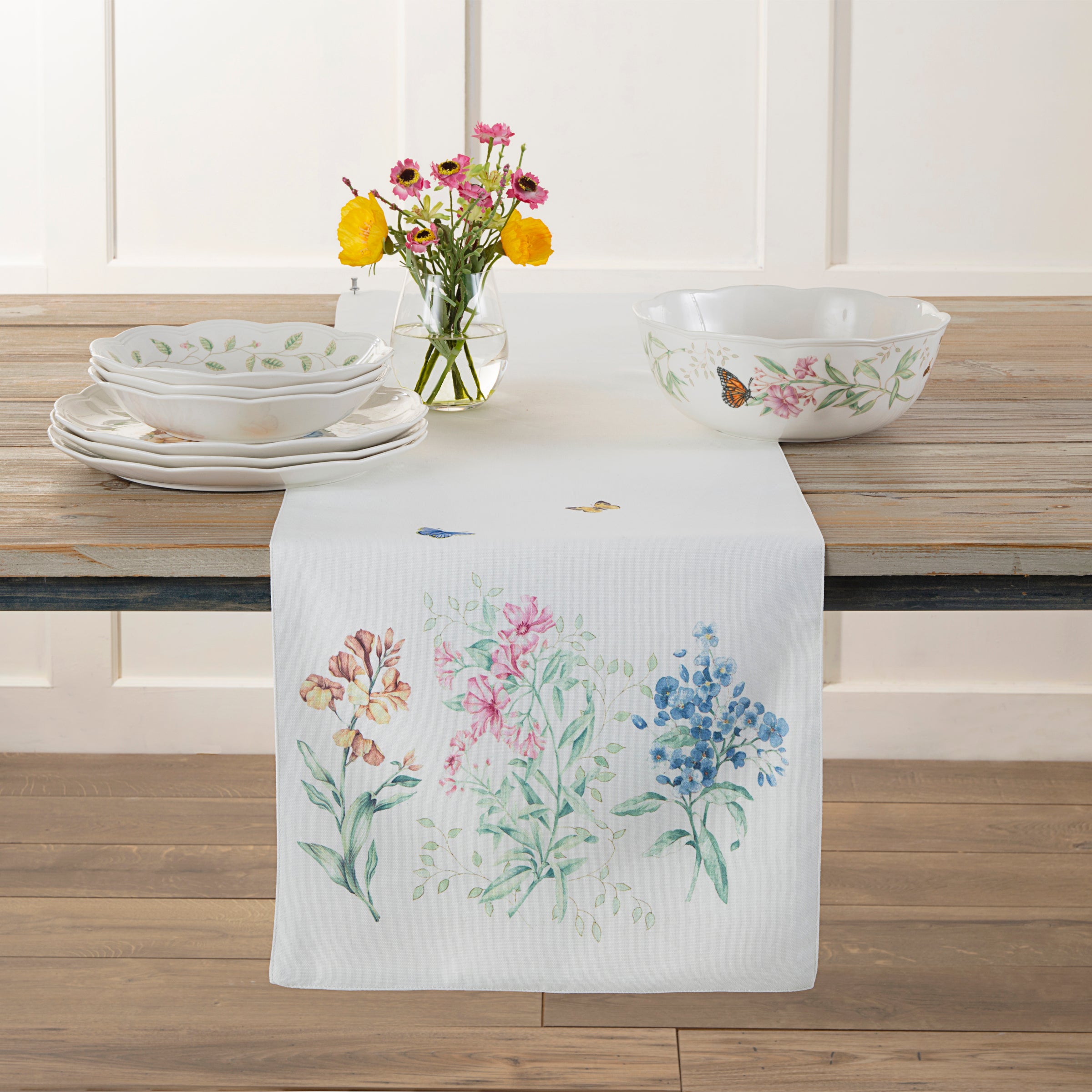 Butterfly Meadow Floral Table Runner with Dragonflies & Bees | Home Decor