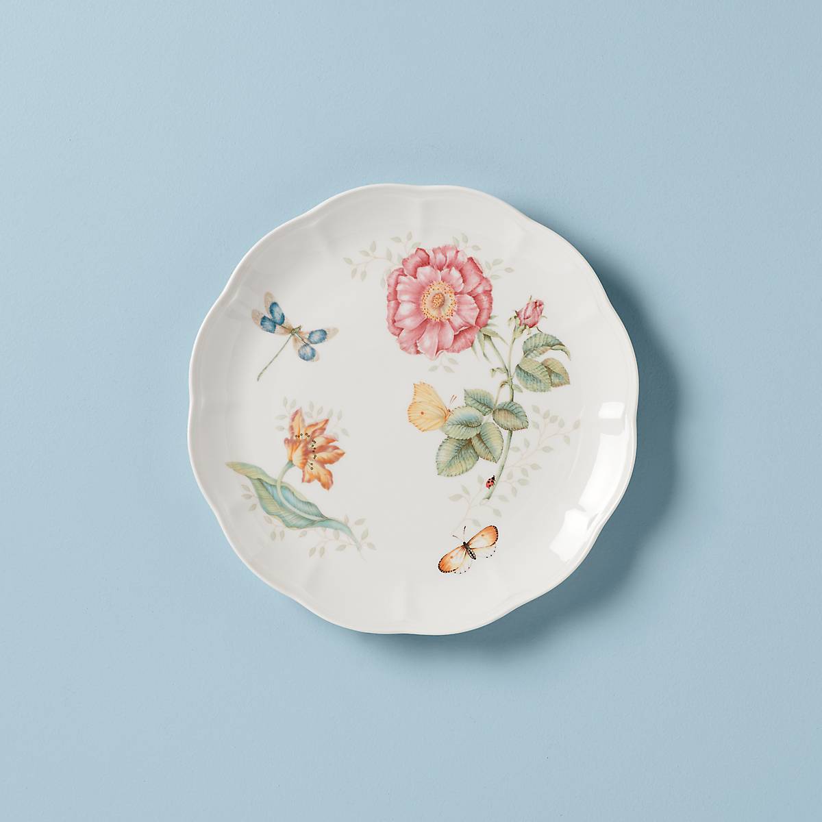 Dragonfly & Butterfly Dinner Plate with Scalloped Edges | Butterfly Meadow