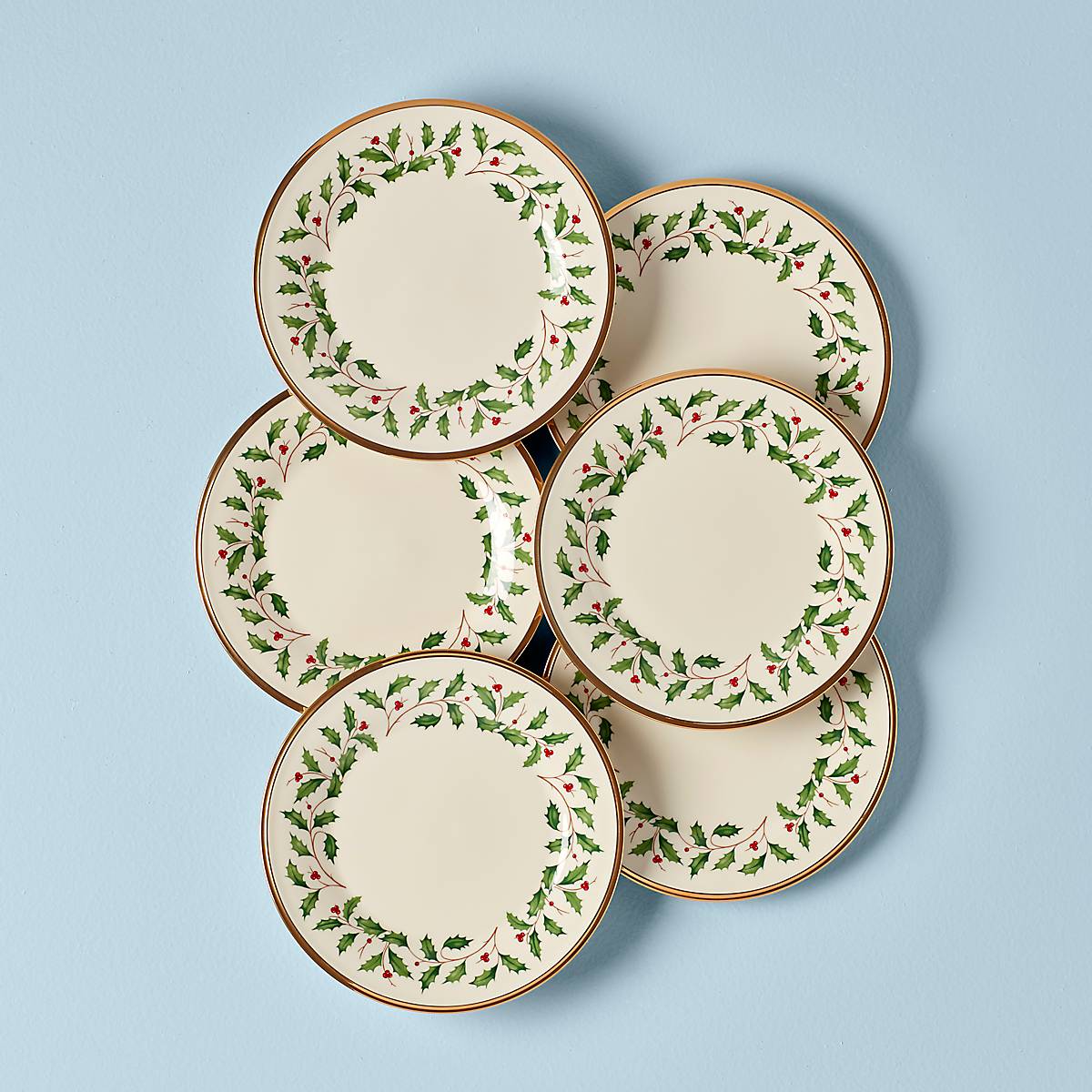 Holiday Porcelain Salad Plate Set with Gold Rim - 6-Piece