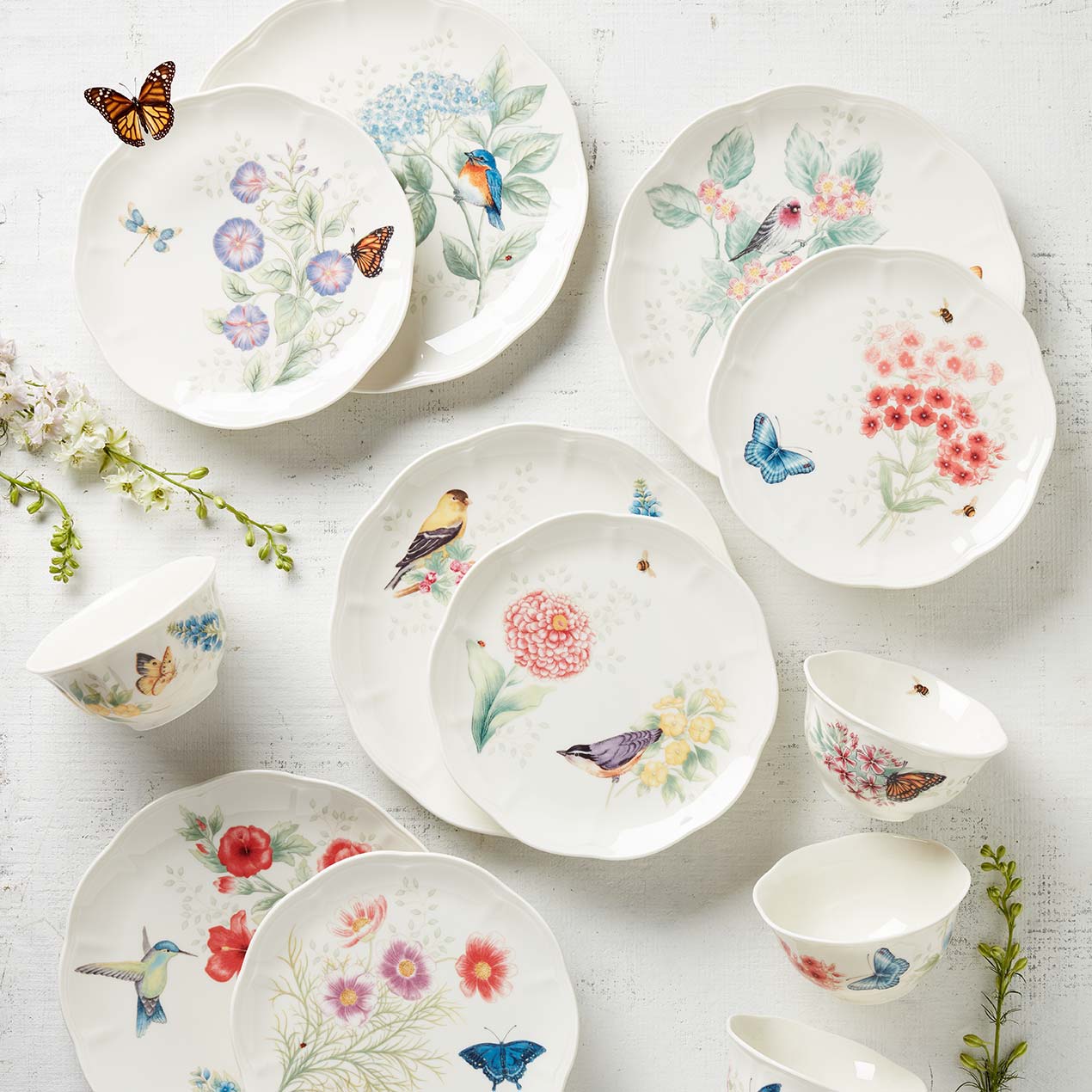 Porcelain Dinnerware Set with Bird & Butterfly Design | Butterfly Meadow
