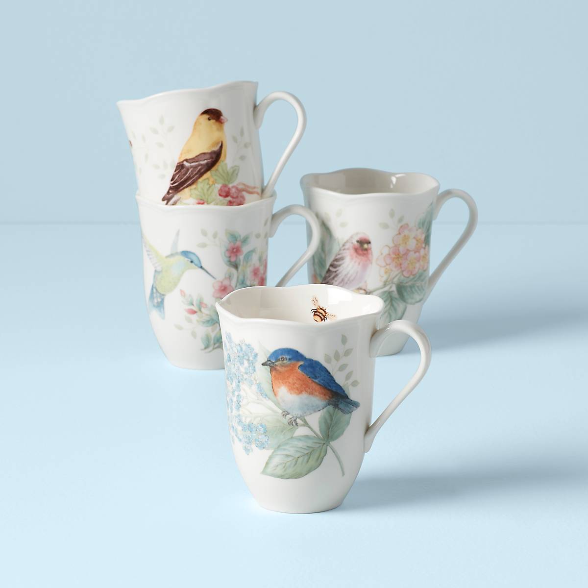 Ceramic Mugs Set of 4 with Bird & Butterfly Design | Butterfly Meadow
