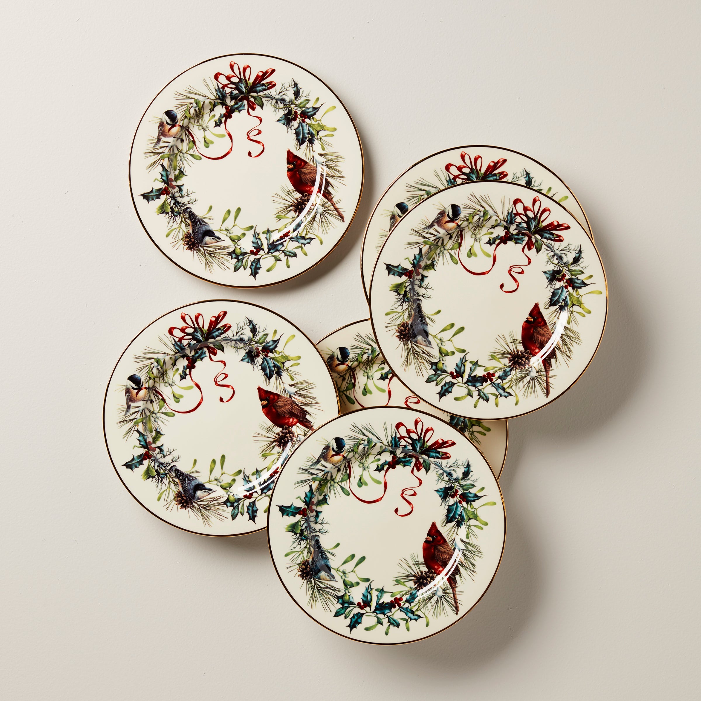 Porcelain Salad Plates with Gold Accents | Winter Greetings 6-Piece Set