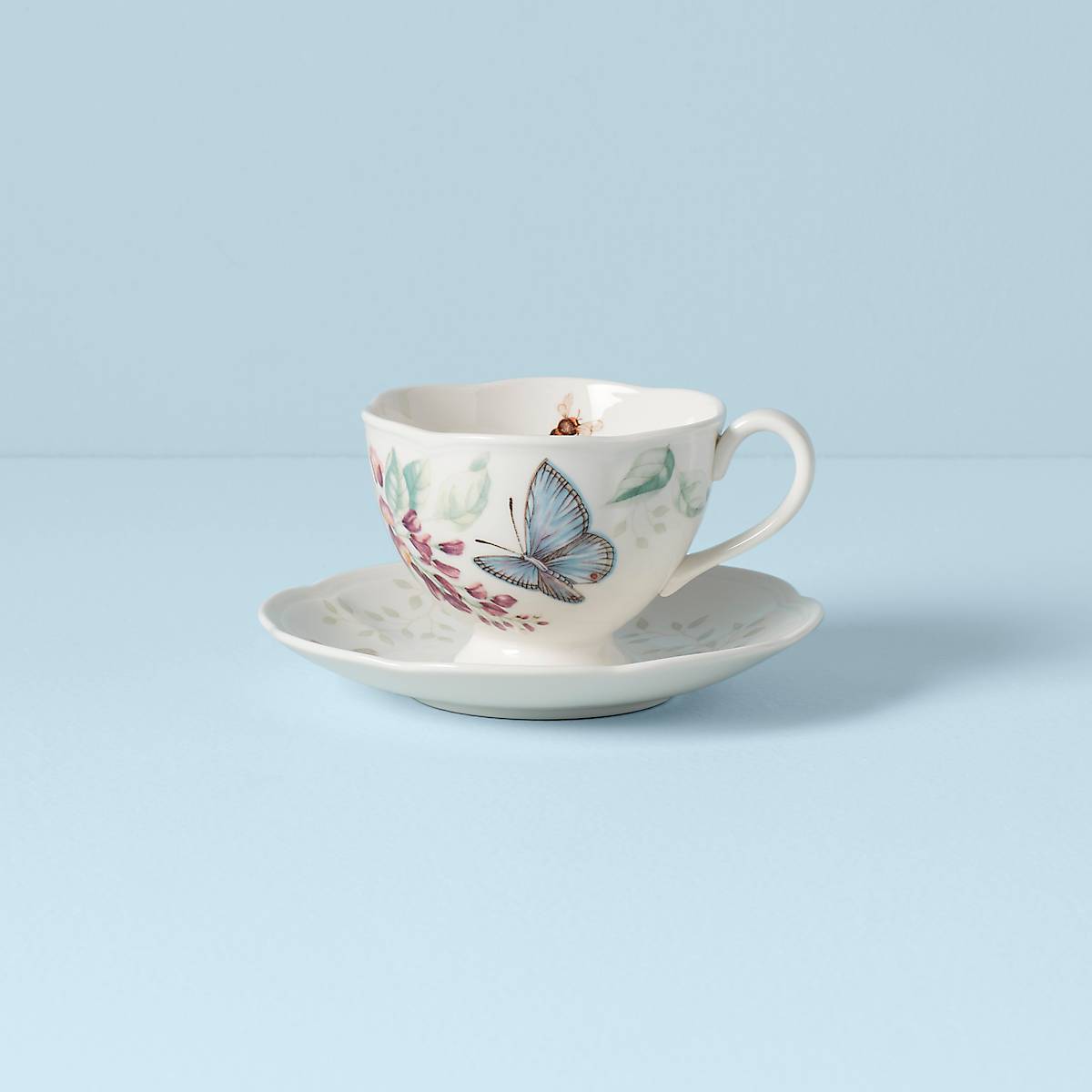 Blue Butterfly Ceramic Tea Cup & Saucer Set | 8 oz, Dishwasher Safe