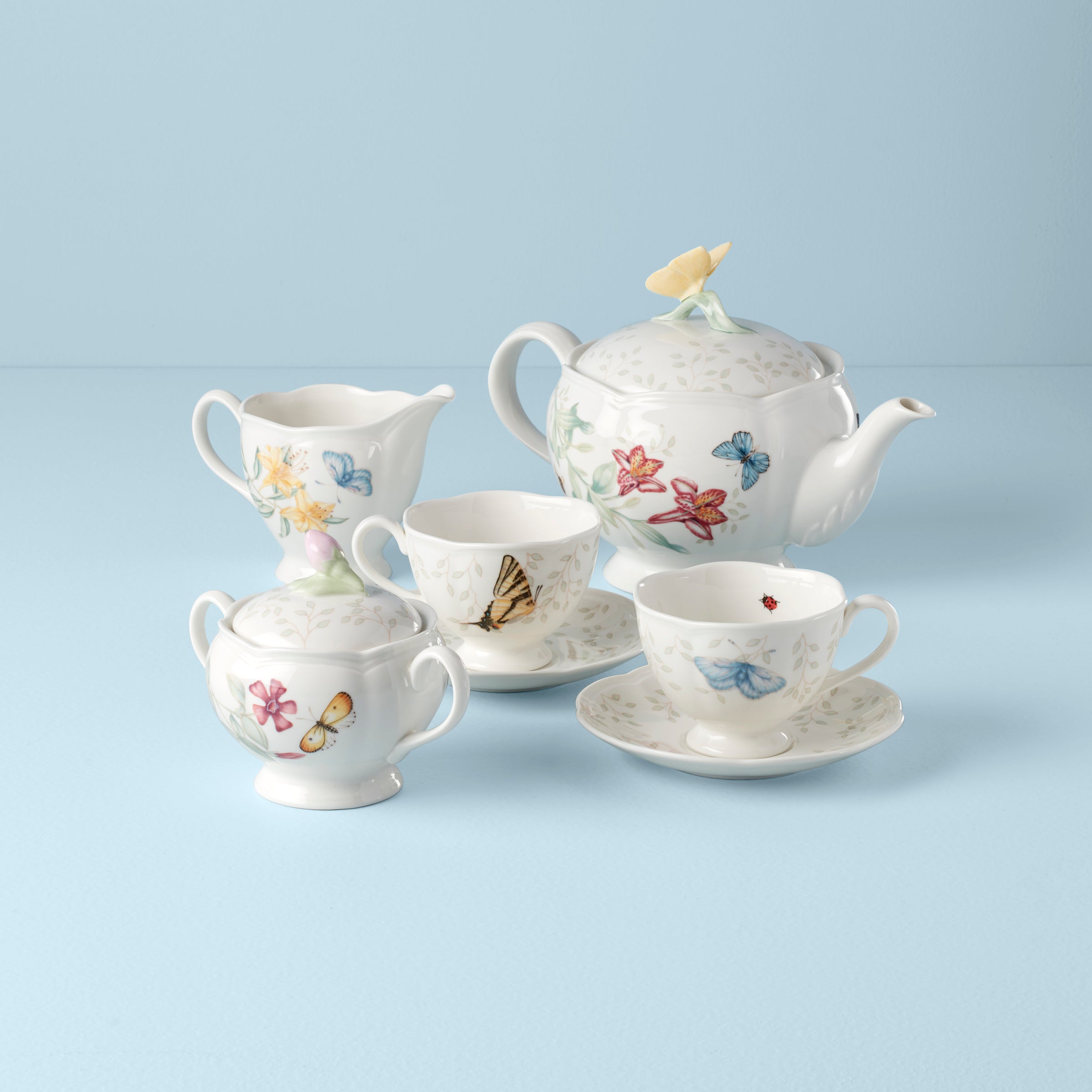 Floral Ceramic Tea Set with Scalloped Rims | Butterfly Meadow 7-Piece