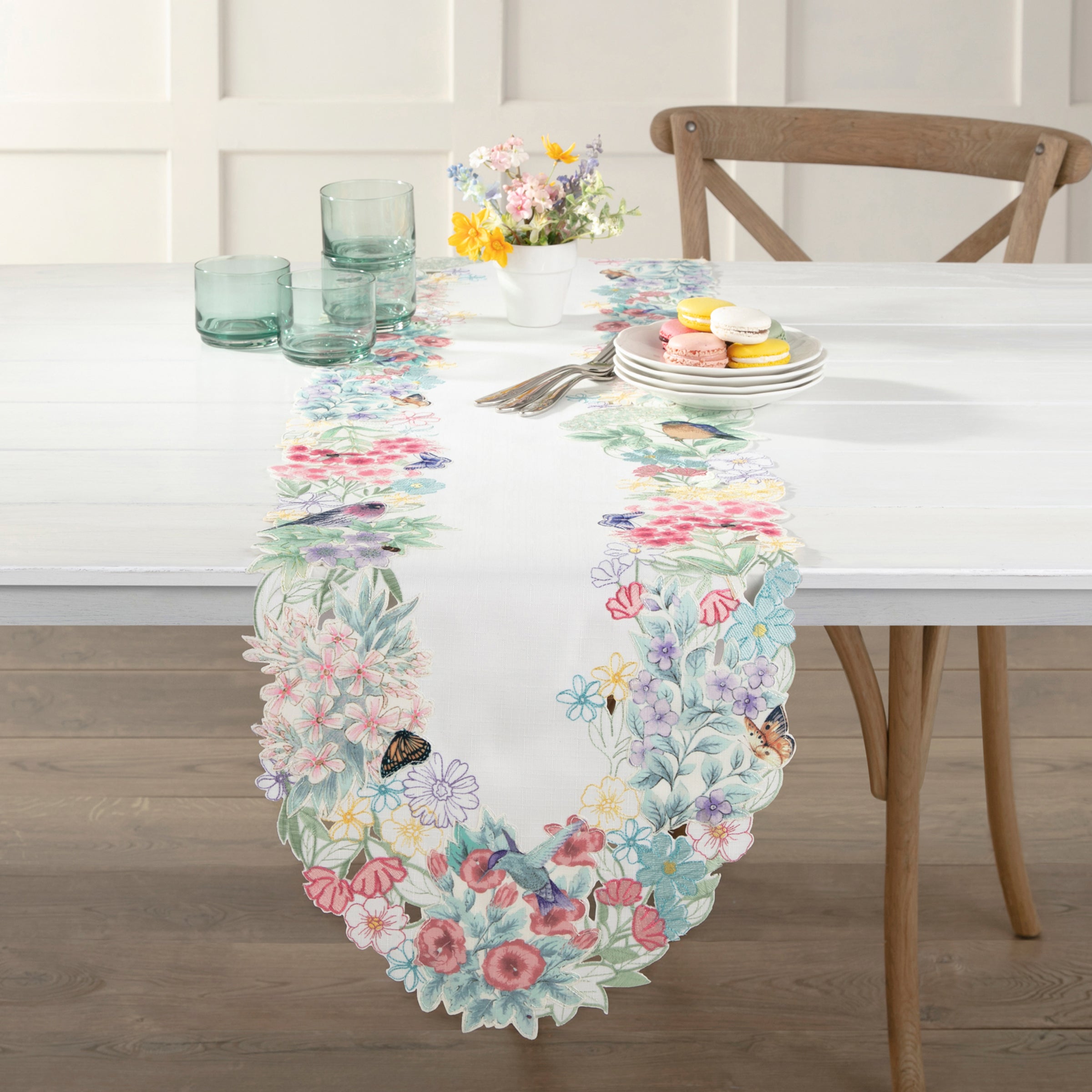 Floral Table Runner with Goldfinches & Bluebirds | Butterfly Meadow Flutter