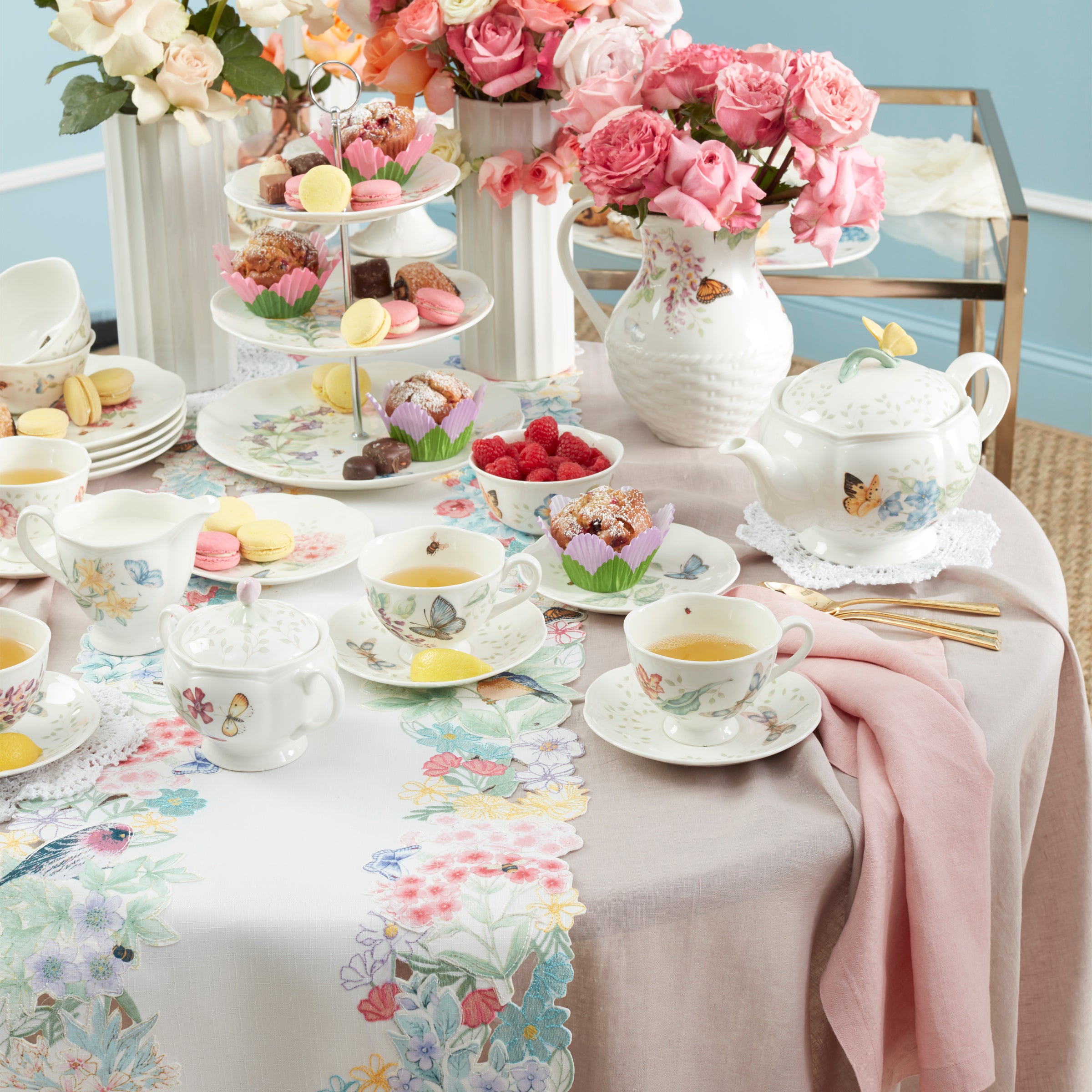 Floral Table Runner with Goldfinches & Bluebirds | Butterfly Meadow Flutter