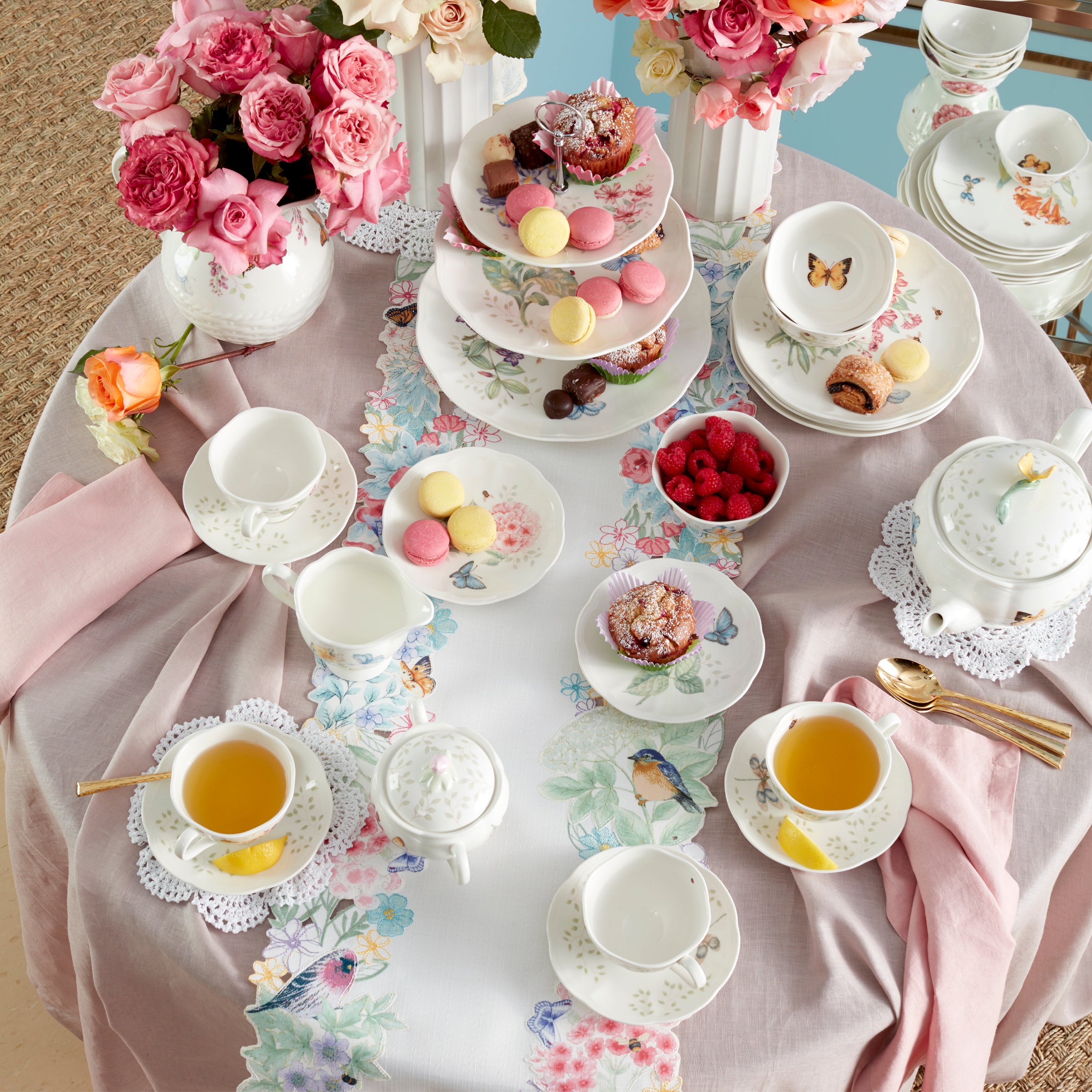 Floral Table Runner with Goldfinches & Bluebirds | Butterfly Meadow Flutter