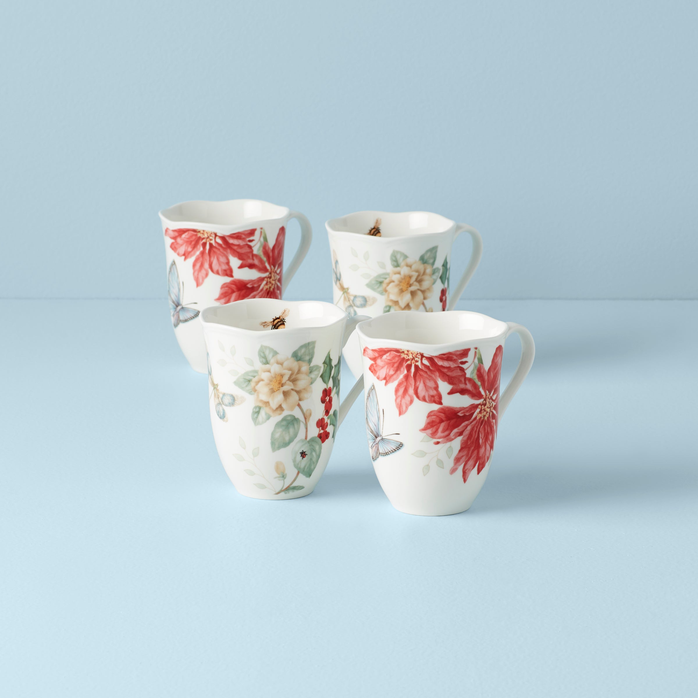 Holiday Mugs Set of 4 with Floral Design | Butterfly Meadow