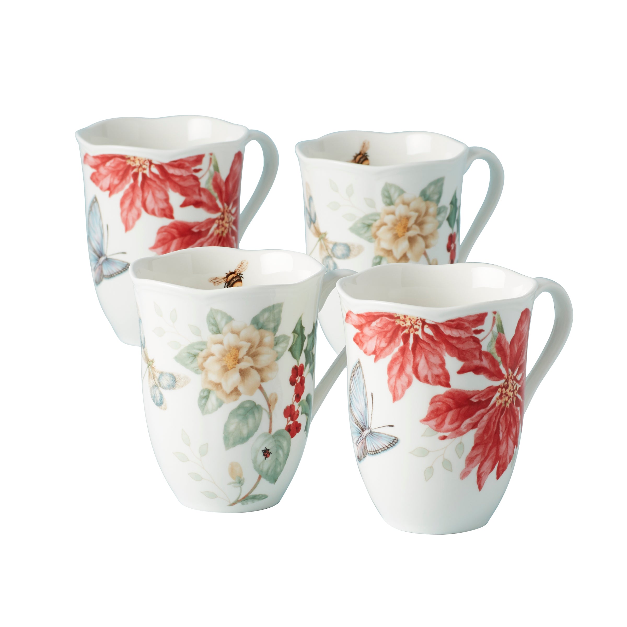 Holiday Mugs Set of 4 with Floral Design | Butterfly Meadow