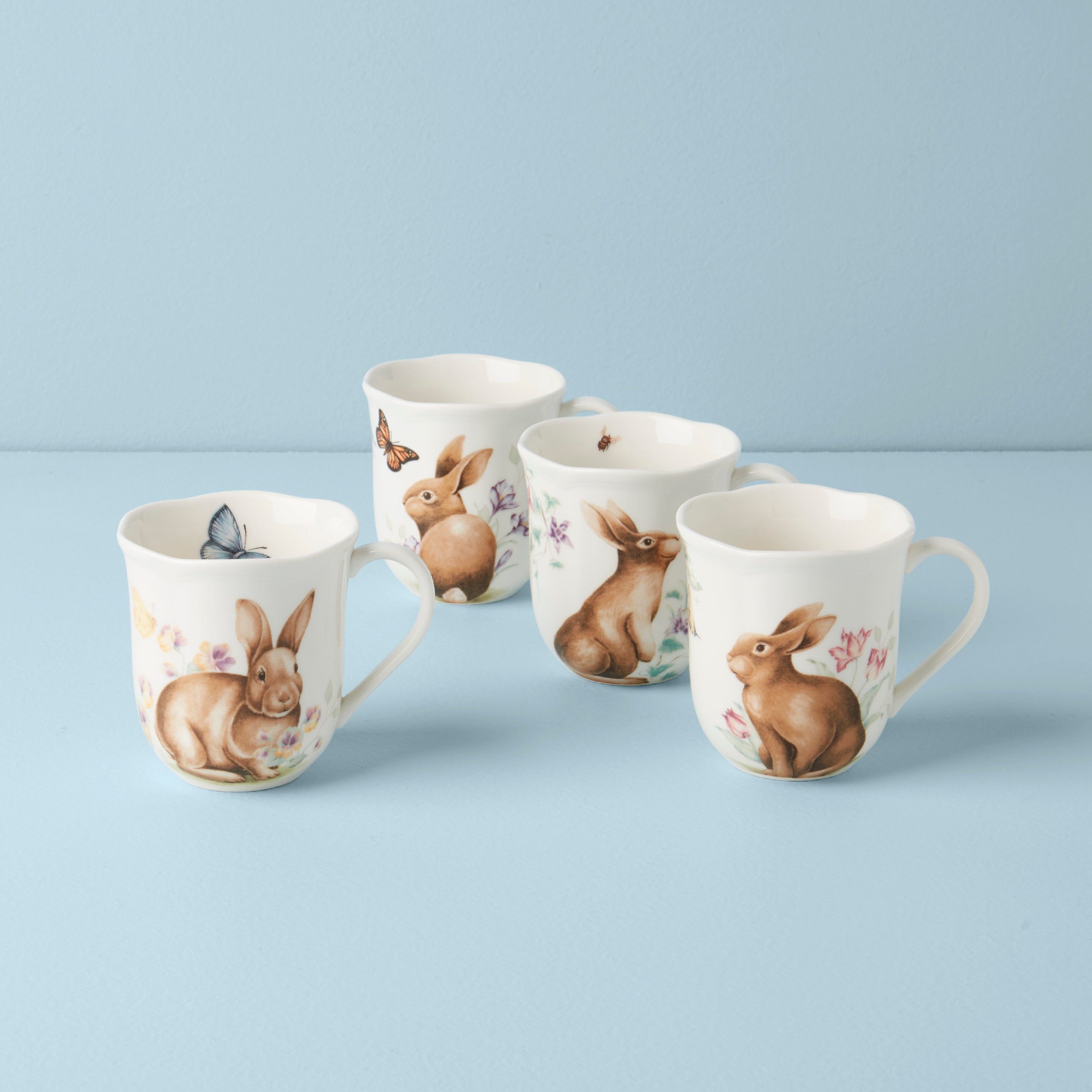 Floral Butterfly Bunny Mugs - Set of 4 Ceramic Tea Cups